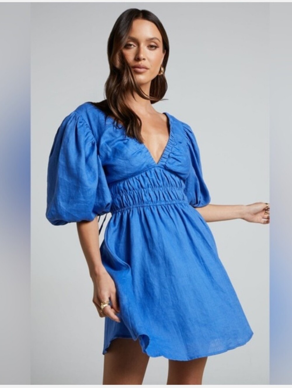 Amalie The Label Khalia Linen Plunge Puff Sleeve Mini Dress, Blue Size 0 - Picture 2 of 12